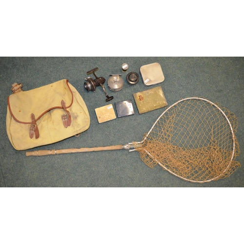 60 - Brady fishing bag with accessories including 3 tins of Salmon and Trout flies, Daiwa 7280b reel, spo... 