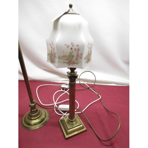 344 - Early C20th brass corinthian column table lamp on square stepped base, with opaque glass shade decor... 