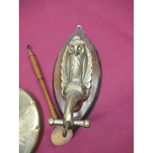 345 - Early C20th wall mounted dinner gong, on cast owl on scroll branch bracket and oak lozenge shaped pl... 