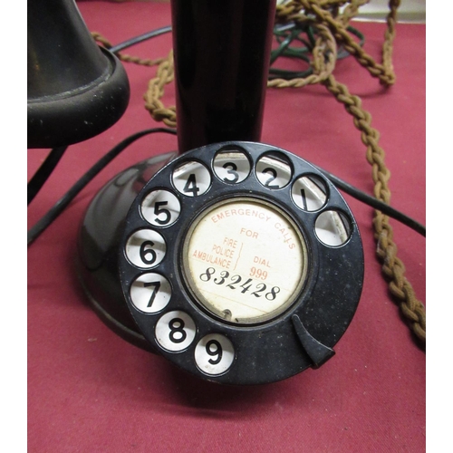 350 - 1930's black painted and bakelite candlestick dial telephone with mahogany bell box, H32cm (converte... 