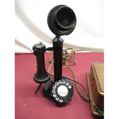 350 - 1930's black painted and bakelite candlestick dial telephone with mahogany bell box, H32cm (converte... 