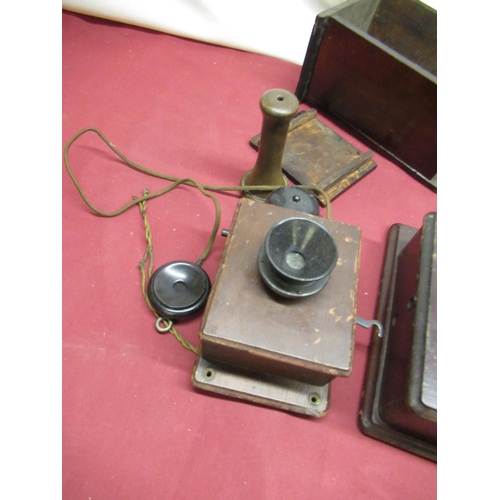 351 - Sturdy wall mounted telephone in stained beech case with integral bell, GPO TE29-235 bell box, other... 