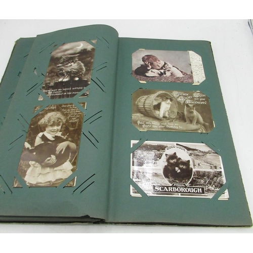 362 - Early C20th postcard album containing printed and RP postcards of cats, fashion, some topographical ... 