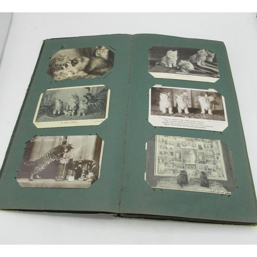 362 - Early C20th postcard album containing printed and RP postcards of cats, fashion, some topographical ... 