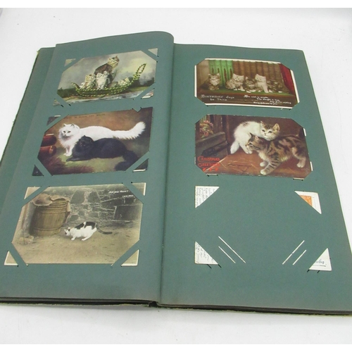 362 - Early C20th postcard album containing printed and RP postcards of cats, fashion, some topographical ... 