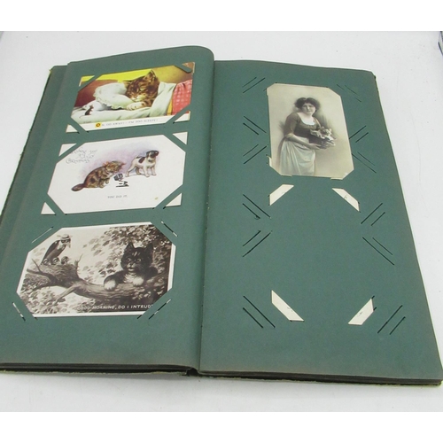 362 - Early C20th postcard album containing printed and RP postcards of cats, fashion, some topographical ... 