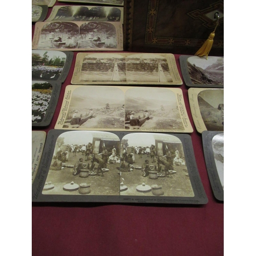 364 - Late Victorian walnut workbox, with tunbridge ware bandings containing stereo views of interiors, an... 