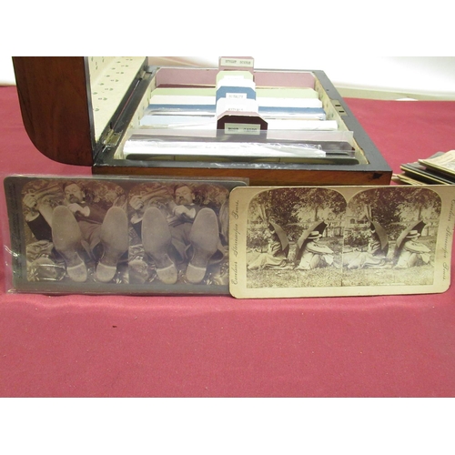 364 - Late Victorian walnut workbox, with tunbridge ware bandings containing stereo views of interiors, an... 