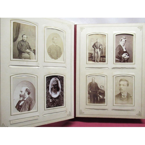 372 - Late Victorian monogrammed photograph album containing carte de visite and cabinet cards, three quar... 