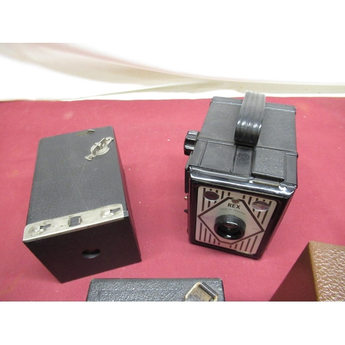 381 - Portrait Hawkeye no.2 box camera in brown leatherette finish, Rex box camera, Coronet 