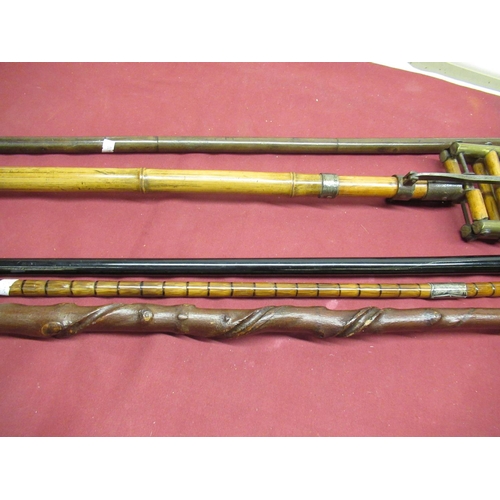 383 - Edwardian bamboo walking cane with silver collar and terminal, Birmingham 1910, evening cane with re... 