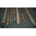 Two landing net handles and four vintage fishing rods: A Milbro early  fibreglass two piece general p
