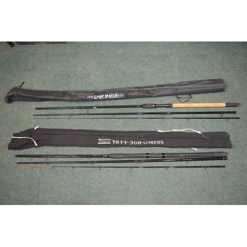 76 - Two modern glass fibre coarse fishing rods - Leeda Carp Match 12ft Waggler 3.6m three piece with bag... 