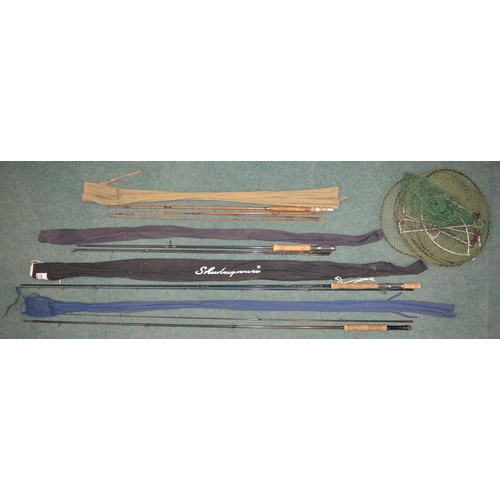 79 - Landing net, keep net, vintage split cane three piece fly rod with spare tip, L279cm (with shorter t... 