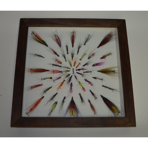 57 - Framed Salmon and Trout lures in a symmetrical pattern. Frame glass and wood. W35.5cm D3.4cm H35.5cm