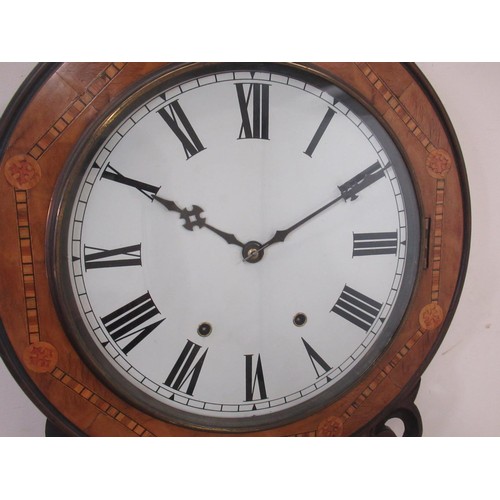 276 - Late C19th/early C20th inlaid walnut cased drop dial wall clock, brass bezel enclosing painted 31.5c... 