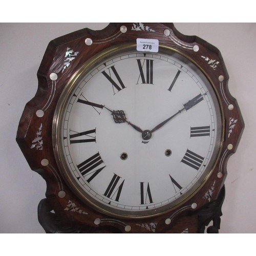 278 - Late C19th/early C20th simulated rosewood inlaid drop dial wall clock, brass bezel enclosing painted... 