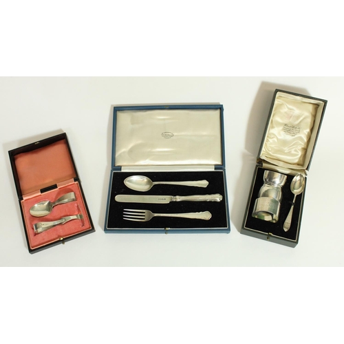 523 - Geo.V hallmarked silver Christening set, egg cup, spoon and napkin ring, A. Wilcox, Birm. 1930, indi... 