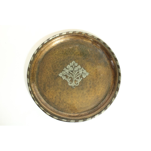 532 - Early C20th Hugh Wallis Arts and Crafts planished copper tray with pewter floral inlay, W36cm