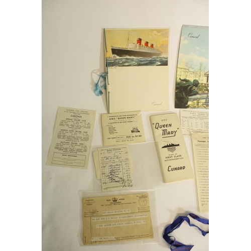 535 - Selection of Cunard line Queen Mary ephemera from a voyage c1958 (New York/Southampton/Cherbourg) in... 