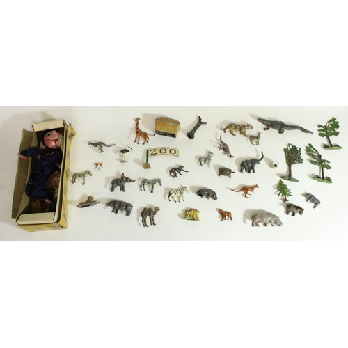 547 - Selection of Britains and other painted grey metal zoo animal figures together with a Pelham Policem... 