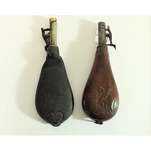 562 - C19th G & JW Hawksley black bag form leather shot flask, and another C19th tooled leather shot flask... 