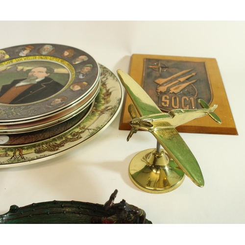 569 - Various collectables to include Blues and Royals ice bucket, Doulton character plates, brass Spitfir... 