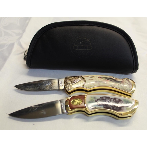 215 - Pair of Franklin Mint pocket knives with ornate engraving to brassware, depicting pike in river and ... 