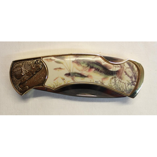 215 - Pair of Franklin Mint pocket knives with ornate engraving to brassware, depicting pike in river and ... 