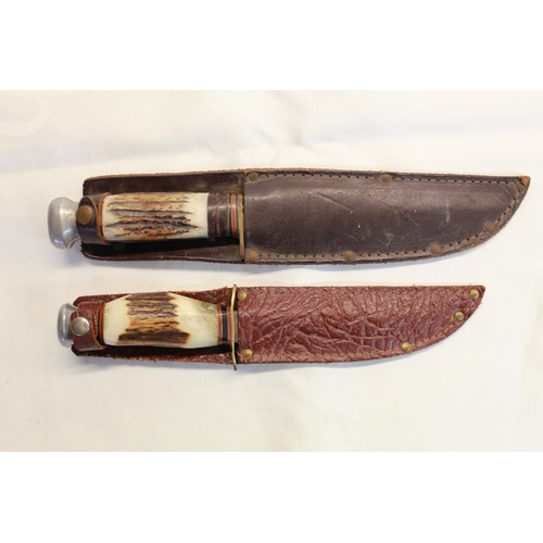 229 - Bowie knife with clip blade by A Wright of Sheffield, antler handle, leather washer fittings and alu... 