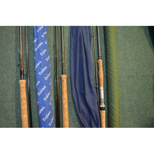 82 - 2 3 piece carbon Salmon rods and a 2 piece GP/spinning rod and a large lightweight aluminium landing... 