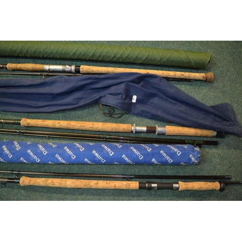 82 - 2 3 piece carbon Salmon rods and a 2 piece GP/spinning rod and a large lightweight aluminium landing... 