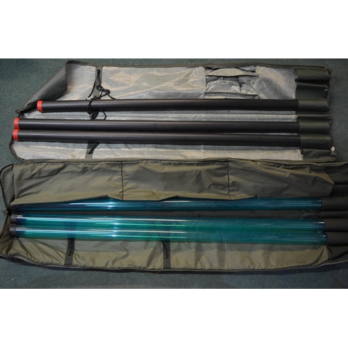 86 - 2 large green canvas fishing rod/Roach Pole bags by Kevin Nash with 6 hard shell rod tubes (3x184cm,... 