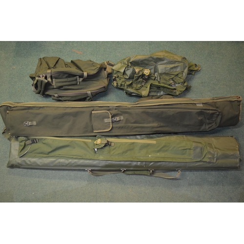 86 - 2 large green canvas fishing rod/Roach Pole bags by Kevin Nash with 6 hard shell rod tubes (3x184cm,... 