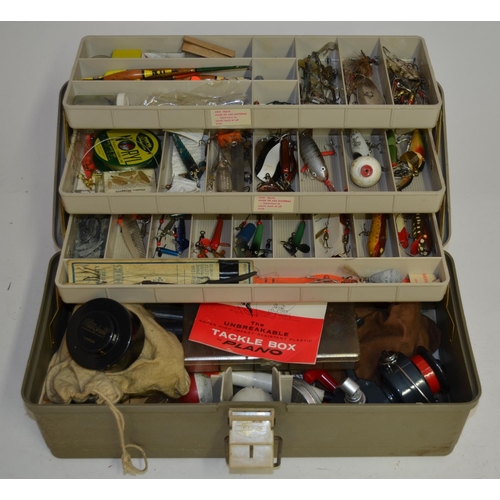 90 - A tackle box filled with lures, flies, Devon Minnows, line and accessories, a Daiwa 735 side-arm ree... 