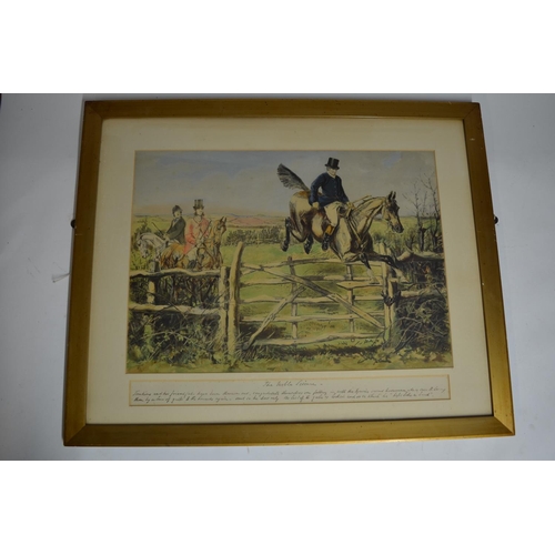 100 - A large framed print depicting A Squires 2nd Horseman jumping that last gate at the end of a hunt, c... 