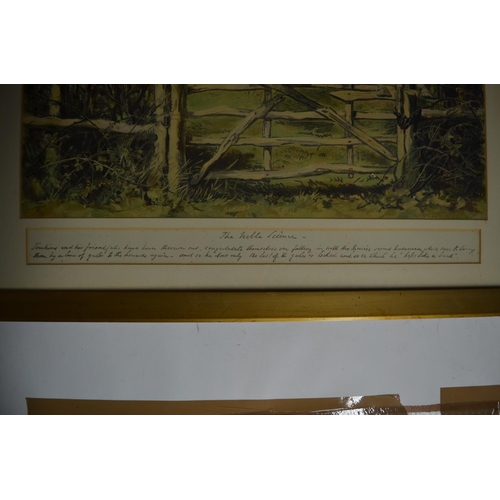 100 - A large framed print depicting A Squires 2nd Horseman jumping that last gate at the end of a hunt, c... 