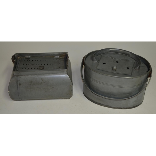 93 - 2 steel plate live bait tins, 1 with outer bucket and inner mesh case. Rectangular tin: L27.5xW20, o... 