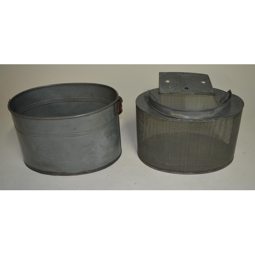 93 - 2 steel plate live bait tins, 1 with outer bucket and inner mesh case. Rectangular tin: L27.5xW20, o... 