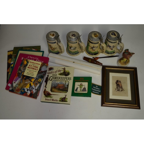 94 - A collection of shooting and fishing ephemera including 4 gamebird themed Steins, a wooden duck call... 