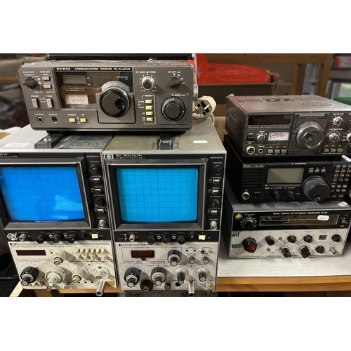 493 - Two Hewlett-Packard Spectrum Analyzers, Trio R-100 receiver and transceiver, Marconi signal generato... 