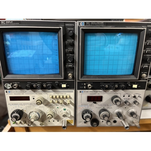 493 - Two Hewlett-Packard Spectrum Analyzers, Trio R-100 receiver and transceiver, Marconi signal generato... 