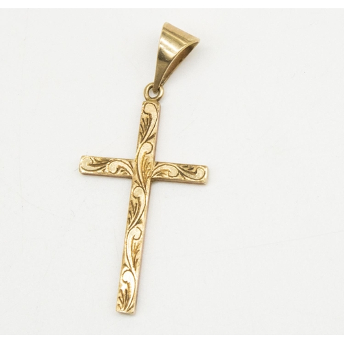 16 - 9ct yellow gold cross pendant with engraved detail, stamped 375, L5.3cm, 5.4g