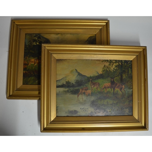 104 - 2 framed but unglazed oil paintings of Stags and Deer in scenic settings. One is signed 