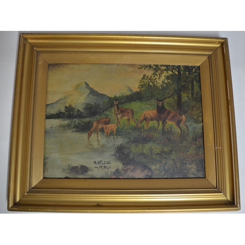 104 - 2 framed but unglazed oil paintings of Stags and Deer in scenic settings. One is signed 