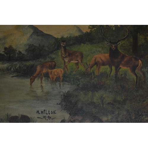 104 - 2 framed but unglazed oil paintings of Stags and Deer in scenic settings. One is signed 