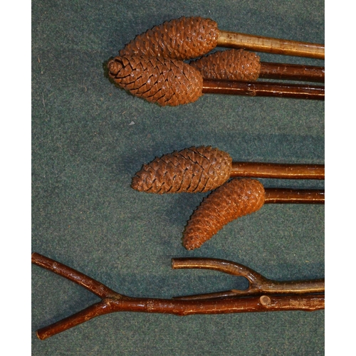 110 - 5 pinecone topped walking sticks, 4 cherry, 1 ash, overall length approx 140cm and 2 thumbstick walk... 