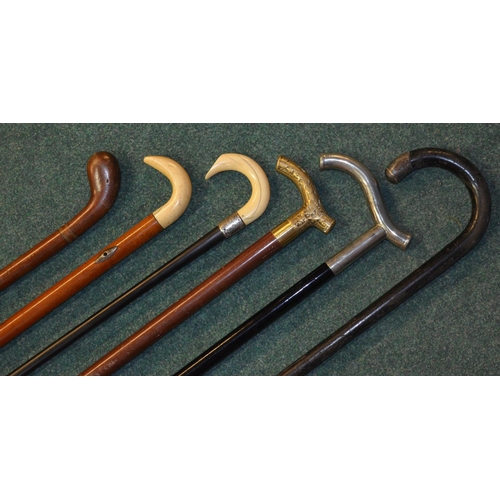 113 - 6 wood shank walking sticks, 2 with animal horn handles, one silver coloured metal, another brass ha... 