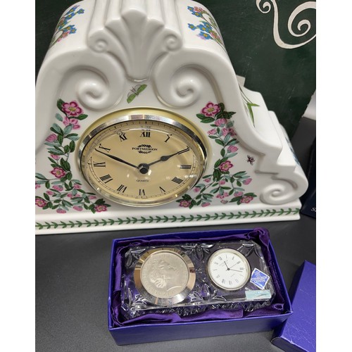 244 - Boxed Portmeirion large Botanic Garden quartz mantle clock, boxed Edinburgh crystal Royal Mint Mille... 