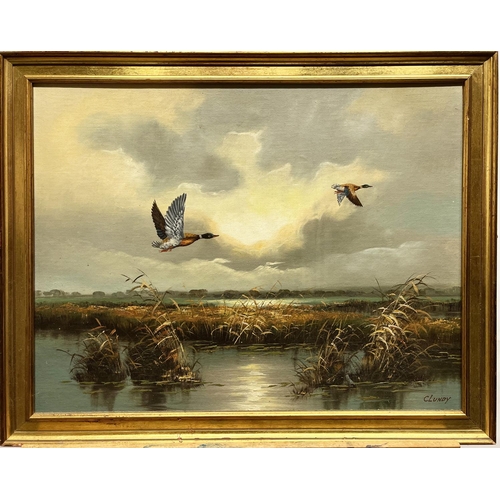 505 - C. Lundy (British Contemporary); Mallards over a Fenland landscape, oil on board, signed, 40cm x 60c... 